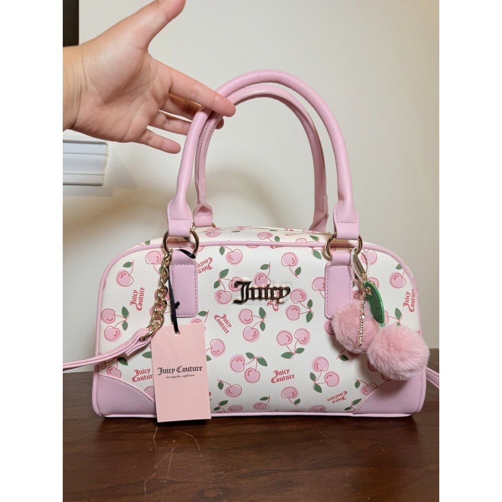 NWT Juicy Couture Cherry Girl Satchel Bowler Bag White Pink Crossbody Charm